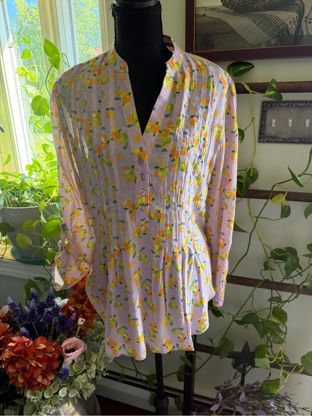 Zac & Rachel Lavender Floral Peplum Blouse with Yellow Print
